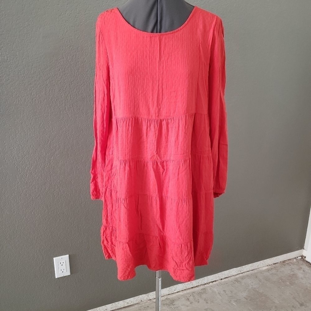 Skies Are Blue Coral Pink Long Sleeve Tiered Dress